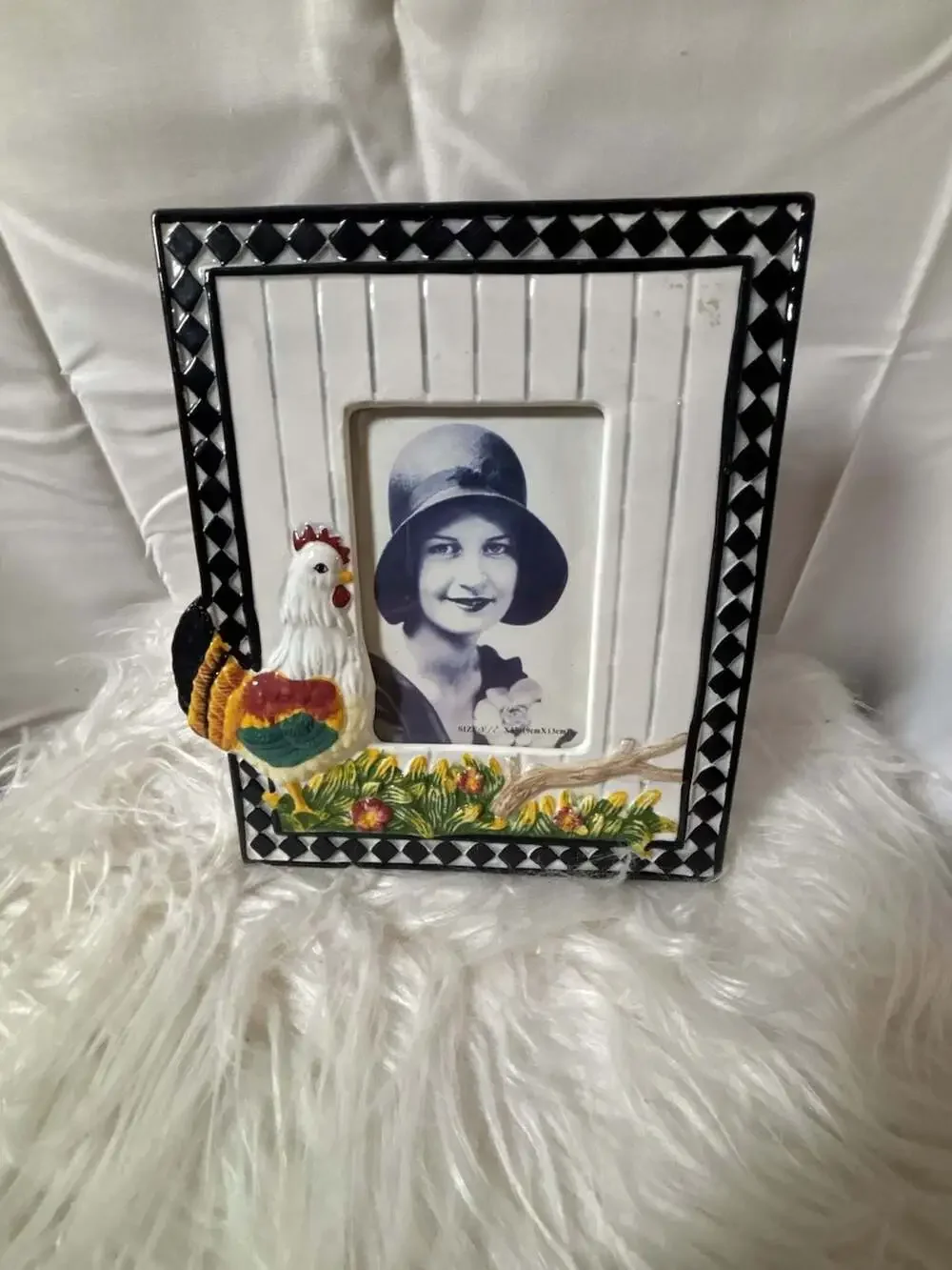 Vintage Ceramic Rooster Picture Frame with Black and White Checkered Border